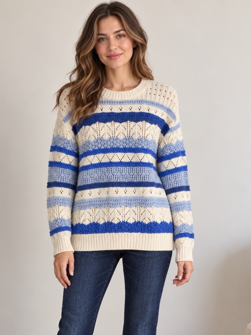Blue Cream Striped Pointelle Sweater Chunky Open Knit LOFT Size Small